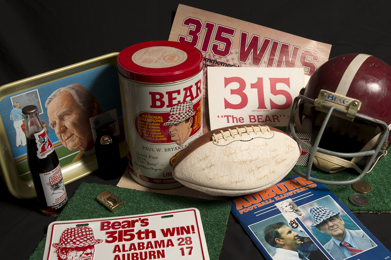 A picture of a collection of memorabilia of Paul W. Bryant "The Bear"
